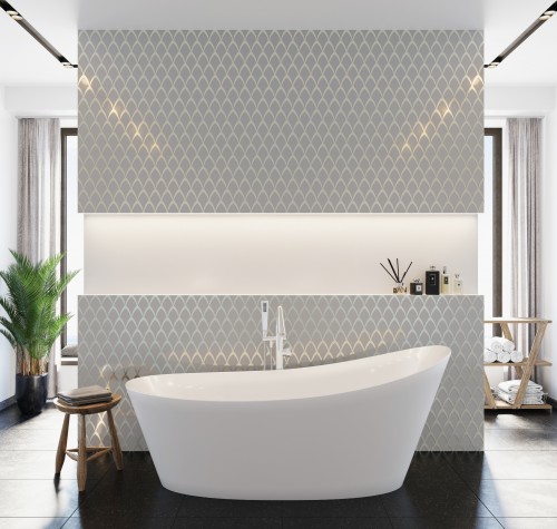 Mir's Monaco Glass Mosaic White with elongated niche and white free standing tub