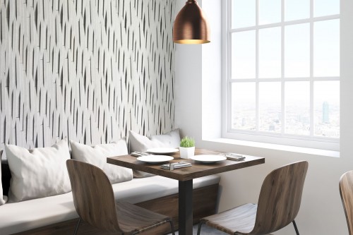 Chic dining vibes with this cladding wall feature in mint.