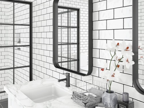 Contrasting grout creates drama with white subway