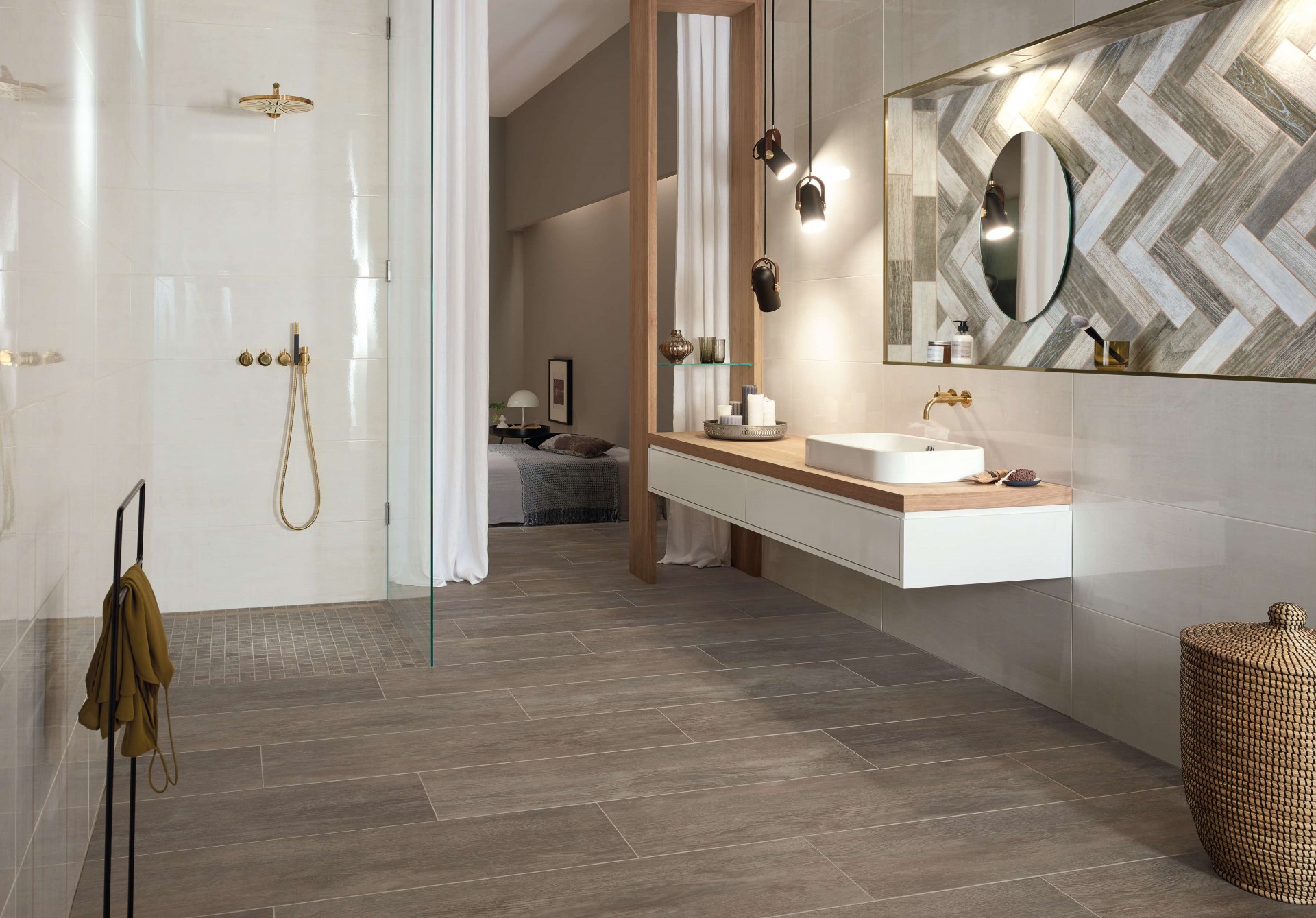 Hytect Tile in Mando Driftwood in this open style bathroom