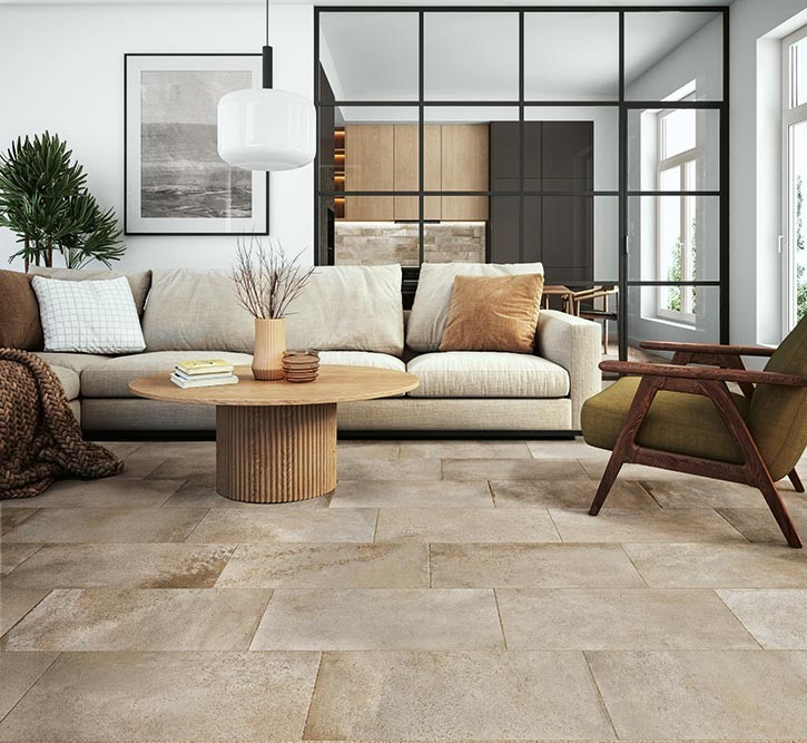 Aglow Porcelain tile collection in Taupe - Living Room