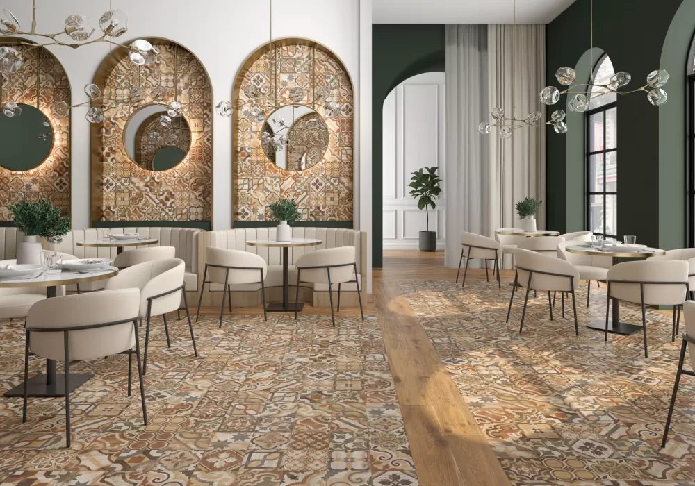 Restaurant with wood looks floor and walls