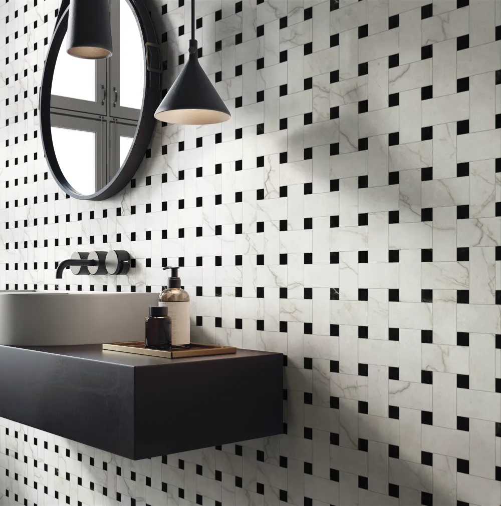 Modern bathroom feature wall with a classic white and black marble-look porcelain basket weave mosaic tile pattern.