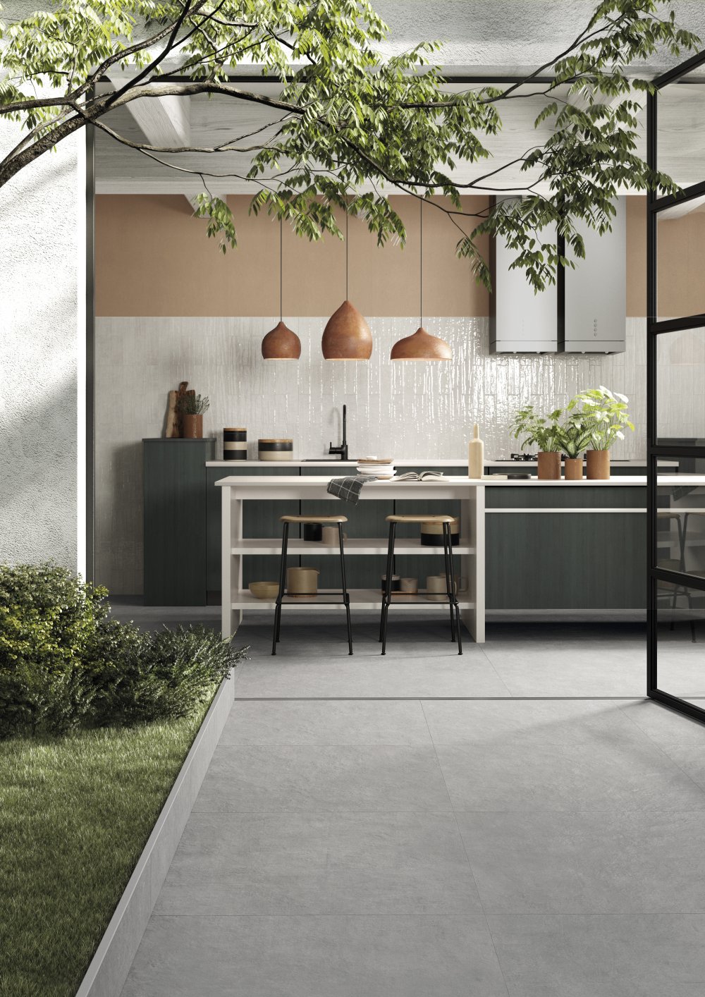 White backsplash dark grey kitchen counters with modern look