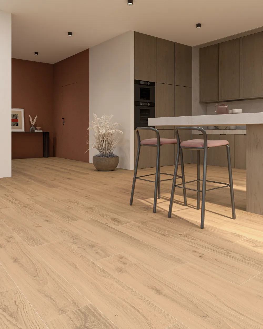 Modern kitchen and entryway floor clad in Forestal Miel warm honey wood-look porcelain planks beside a kitchen island with barstools.