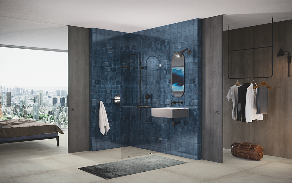 Hytect Karl Indigo level shower with dark fixtures