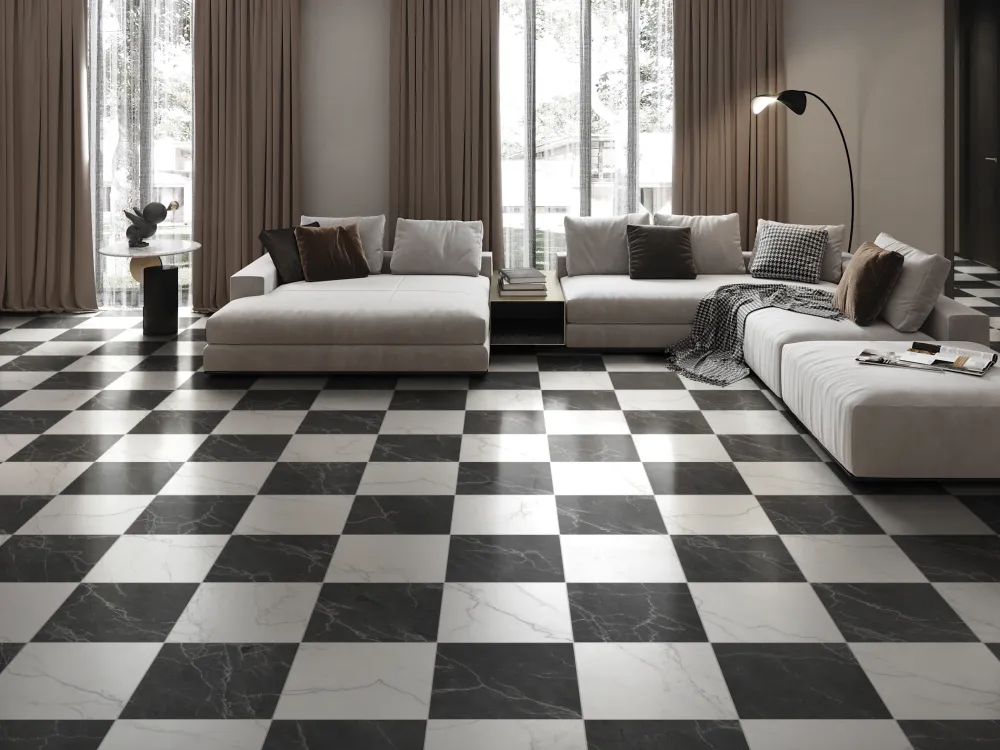 Grand living room featuring a classic checkerboard pattern tile floor using square black and white veined marble-look porcelain tiles.