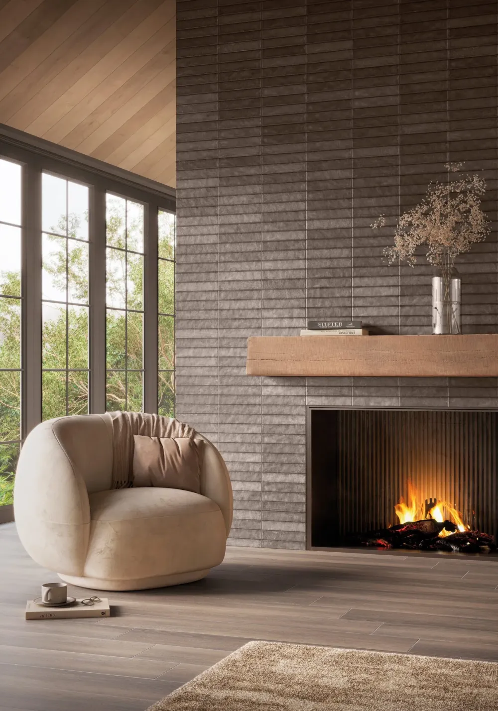Modern living room showcasing a full-height fireplace surround featuring Organic Clay Taupe horizontally stacked slim textured wall tile.