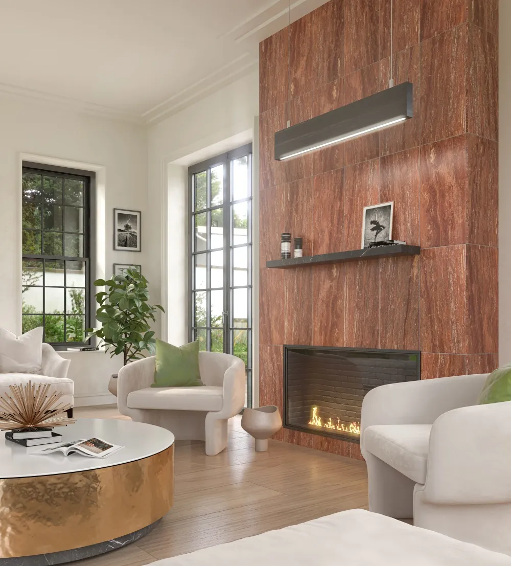 Red Travertine Fireplace Feature