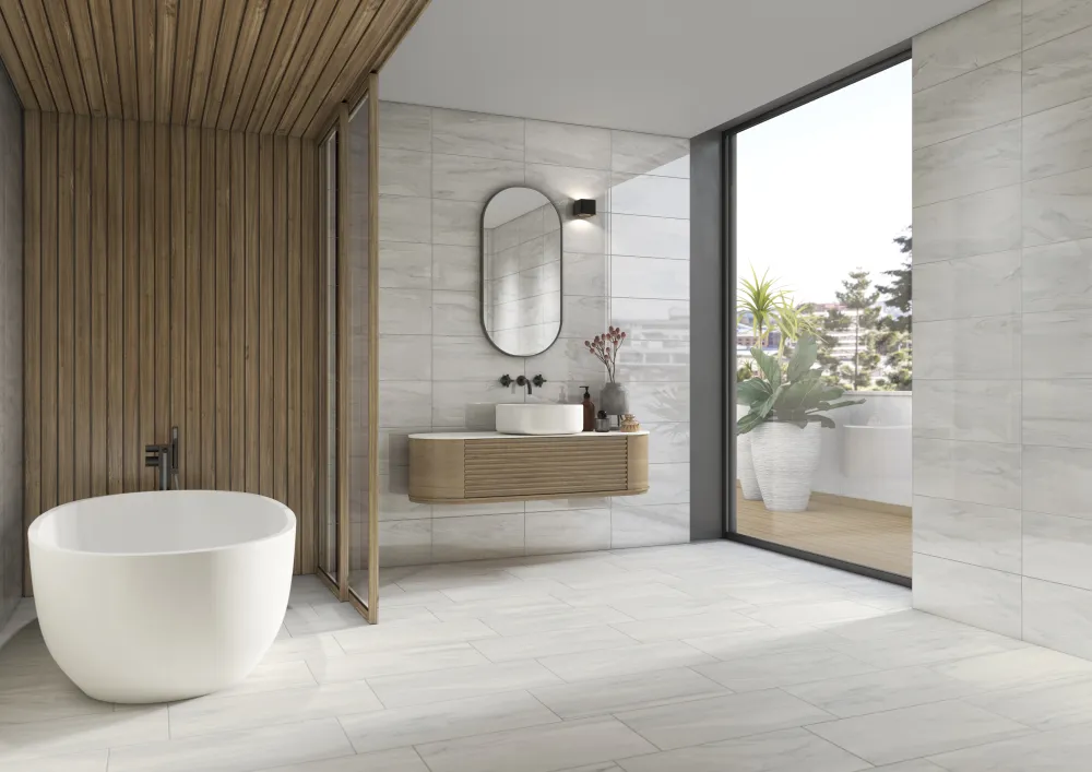 Spa bathroom featuring Serene Blue marble-look porcelain floor and wall tiles alongside a freestanding soaking tub and slatted wood wall paneling.