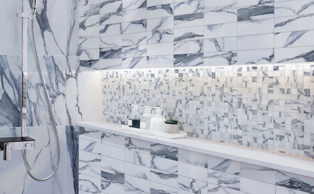 Ocean Blue porcelain tile shower with elongated niche.
