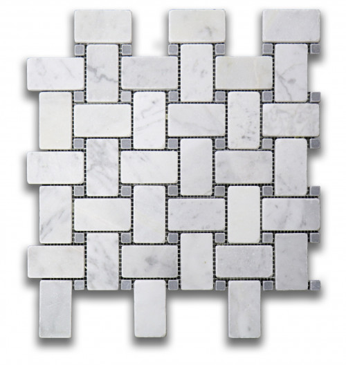 Antique Carrara Basketweave w/ Bardiglio Dot tile mesh mounted mosaic grey white marble MEXMAR295921