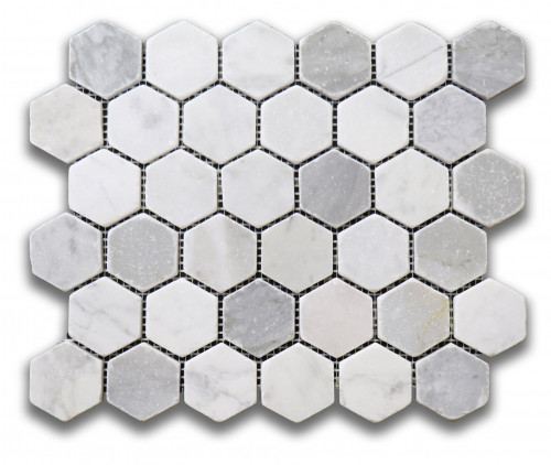 Antique Carrara 2" Hexagon Tumbled tile marble white gray mesh mounted mosaic MEXMAR295917