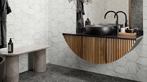 Bathroom with Cosimo Hex tile in white and black.