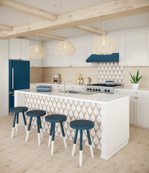 Neutral Color Kitchen with Navy Blue accents all in wood