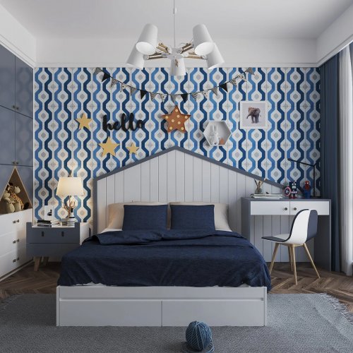 Children's bedroom with a tiled wall in several different tones of blue and grey