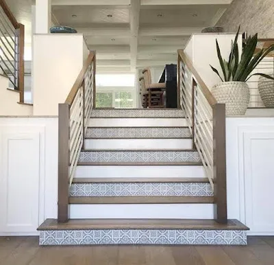 Blue and White Patterned Encaustic Look Tile Stair Riser Accent