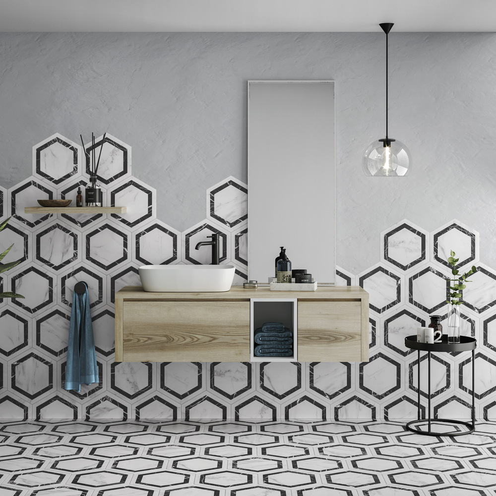 Natural edge design of this feature wall with hexagon tiles 