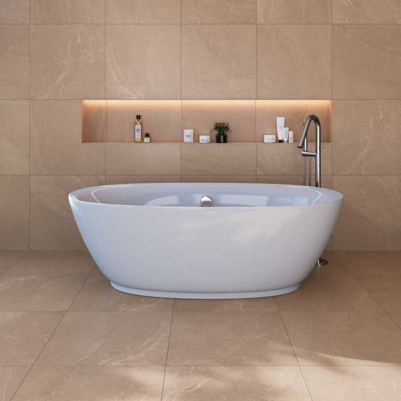 Go Big Porcelain tile in Warm Greige 24x24 white tub lighted elongated niche