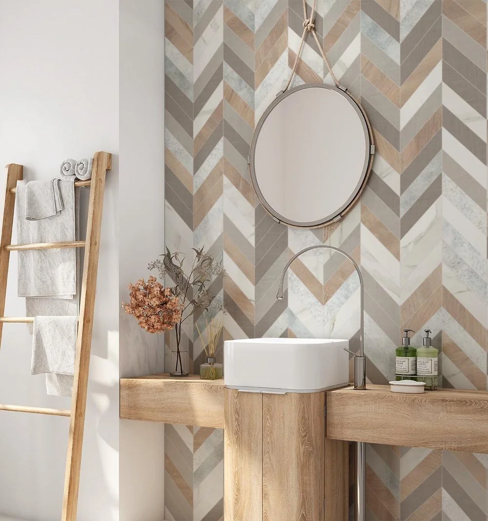 Audrey Lane Elongated Chevron Calacatta, Cotton, Weatherd Wood Matte