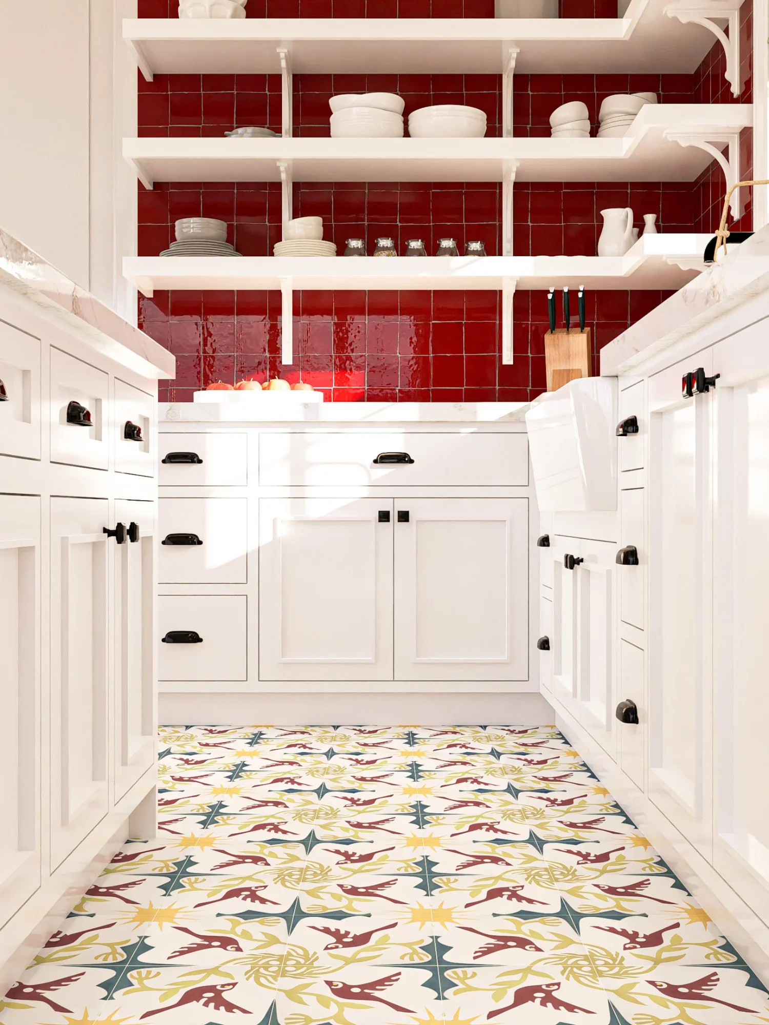 Lili Tile Paprika Red Zellige 4x4 with Birds by Adam Trest 8x8